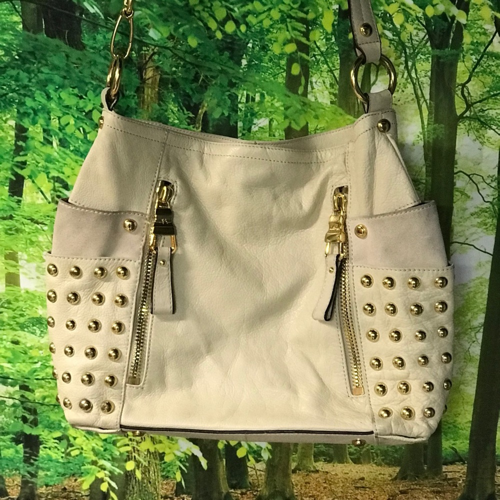 B Makowsky Cream Leather, Suede & Studs Crossbody